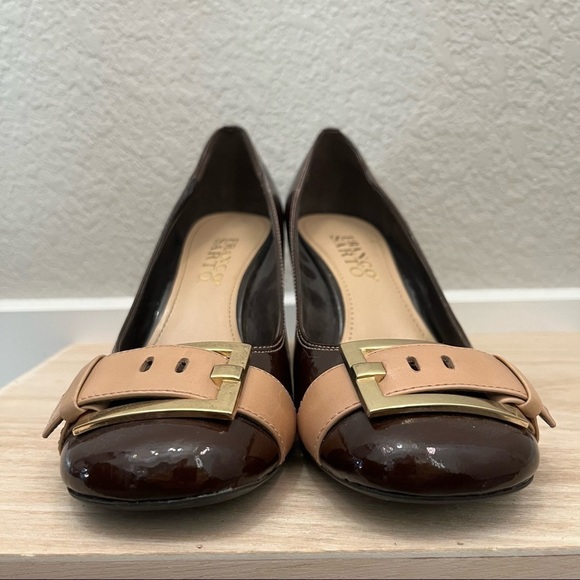 Franco Sarto Brown & Tan Leather Buckle Toe Block High Heel 5.5 - Picture 8 of 8